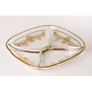  New Italian 4 Sectional Crystal Plate W/gold Artwork 