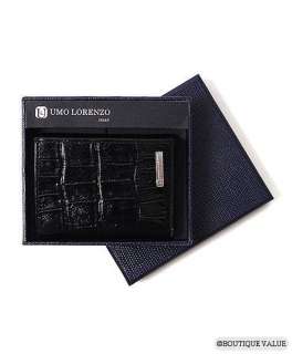 UMO LORENZO ITALY Black Moc Croc Leather Trifold Wallet  
