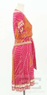 DVF Diane von Furstenberg Fuchsia, Gold, & Brown Silk Wrap Dress Size 