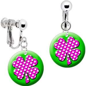    Pink White Polka Dot Four Leaf Clover Clip On Earrings Jewelry