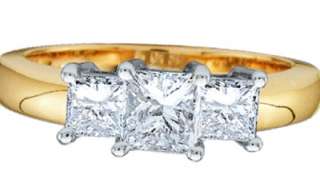   Ladies REAL 14k Yellow Gold Diamond Three Stone Princess Cut Ring