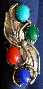 NATIVE AMERICAN M STERLING MULTI STONE CABS RING  
