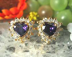   Fashion Jewelry Heart Cut Purple Amethyst Yellow Gold GP Stud Earrings