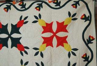   Pineapple Red, Green & Yellow Applique Hand Stitched Antique Quilt