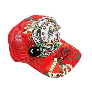   BASEBALL CAP (HAT) with RHINESTONES   LOVE KILLS SLOWLY CLOCK   RED
