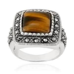  Sterling Silver Marcasite and Cushion Square Tigers Eye 
