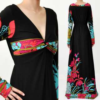 RED FLORAL BLACK LONG SLEEVES EVENING MAXI DRESS 4 6 8S  