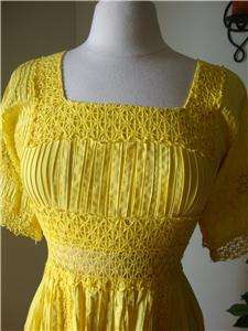   Wedding Dress Yellow Maxi Pin Tuck Crochet Lace Bell Sleeves Boho SM