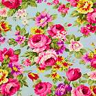 PINK ROSES FLOWER in BLUE VINTAGE RETRO PRINT 100% COTTON QUILT FABRIC 