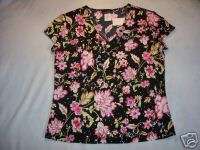 FLOWERED STRETCH PULLOVER TOP~NWT~SZ M BRITTANY BLACK  