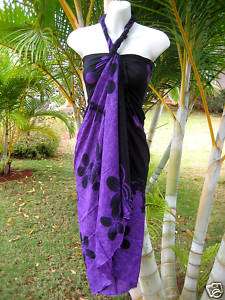 Sarong Purple Black Plumeria Hawaiian Luau Pareo Dress  