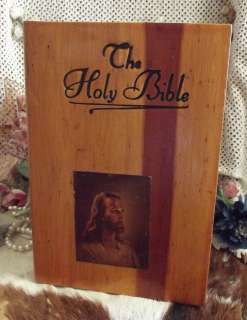   ANTIQUE Wooden BIBLE Box SALLMAN JESUS Print CEDAR Wood Chest ART