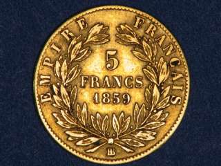   1859BB 5 Francs Napoleon III GOLD XF, .0467 ounce actual gold weight