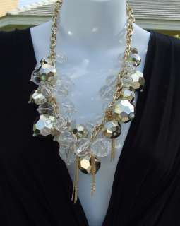   LARGE CLEAR GOLD ACRYLIC MULTI BEADS NECKLACE EARRINGS JEWELRY SET NEW