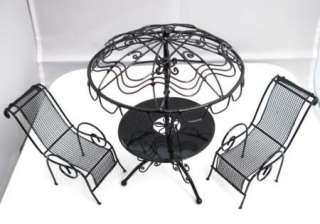 MINIATURE IRON ART PATIO TABLE with UMBRELLA 5.5 HIGH + CHAIRS 3.3 