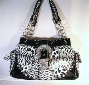 Black & White Leopard Rhinestone Buckle Western Cowgirl Purse Handbag 