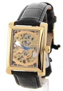Croton Mens Skeleton AUTOMATIC Gold Rectangle Black Leather Watch 