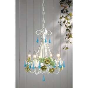   Floral Mini Chandelier Lighting Fixture, White, Green, Blue Crystal