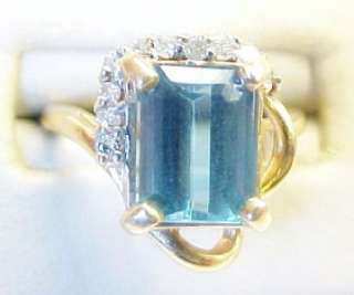 Blue Topaz Solitaire with Diamond Accents 14K Solid Yellow Gold Ring 