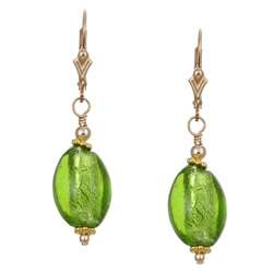 Charming Life 14k Goldfill Lime Green Oval Art Glass Earrings 
