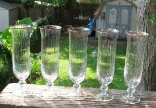 CHAMPAGNE CRYSTAL GLASSES LOT OF 5 ELEGANT TALL GOLD TRIM  