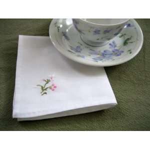 Dozen White Tea Napkins with Pink Embroidered Flowers  