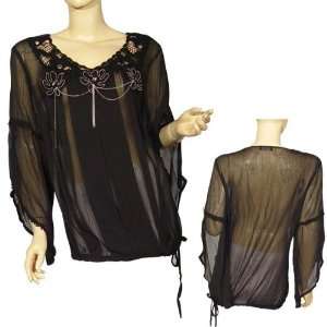  Plus Size Sheer Long Bell Sleeve Round Neck Top Case Pack 