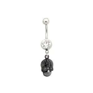    CZ Mayan White Tattoo Skull Dangling Belly Button Ring Jewelry