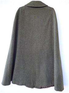 Vintage 60s Mod Wool CAPE CLOAK Olive Green Military Style Heavy Warm 