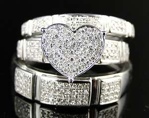   WHITE GOLD HEART ROUND CUT DIAMOND BRIDAL ENGAGEMENT RING TRIO SET