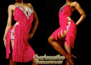 Fuchsia Latin Salsa Crystal FRINGE dance BODYSUIT dress  