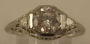 Deco Filigree .82ct Round Triangle Diamond 18k White Gold Engagement 