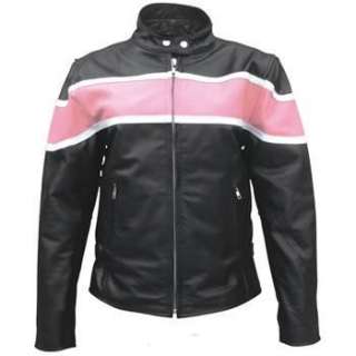 Ladies Black Leather Riding Jacket w White/Pink Stripe  