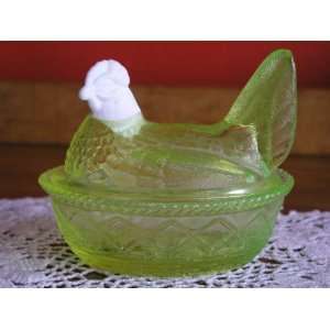   Glass Hen on Nest Dish White Head Wooven Base 