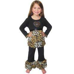   Loren Girls Rumba Cotton 2 piece Leopard Ruffle Shirt and Pant Set