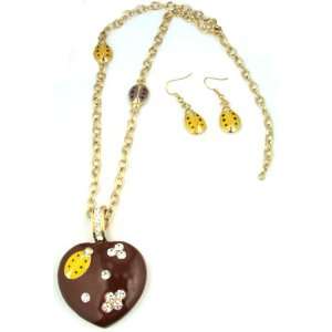   Enamel & Crystal Heart Pendant with Matching Ladybug Earrings Jewelry