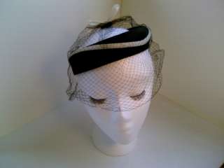 Ladies Vintage 60s Hat Black w white trim ring netting  