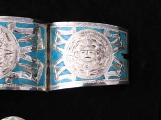 Vintage Mexican Silver Hinged Cuff Bracelet + Earrings w/Inlaid 