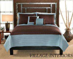 HOTEL STYLE AQUA BLUE & BROWN KING CHANNEL QUILT SET  