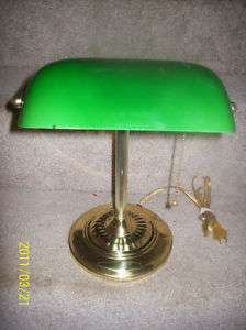Vintage Brass Green Glass Shade Bankers Lamp  