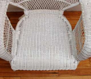 White Wicker Arm Chair with Blue Cushion Cottage Chic  