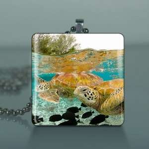 Sea Turtle Altered Art Glass Tile Necklace Pendant 523  
