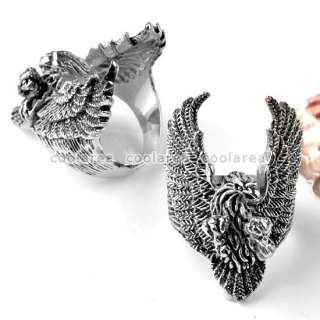 Size Retro Mens Punk Gothic Black Flying Eagle Ring Stainless Steel 