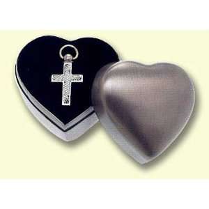  Brushed Pewter Heart Box and Nickel Engraved Cross Urn 