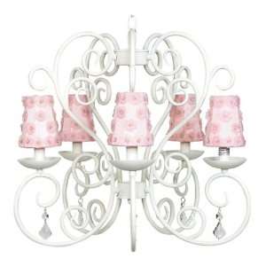    White Five Arm Carriage Chandelier with Pink Shades