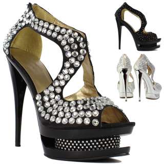 Ladies Designer High Heel Crystal Diamante Platform Prom Wedding Shoes 