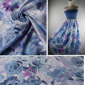 100% pure chiffon silk blue floral fabric 8 momme sell by yard  