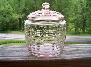 Vtg Cookie Jar Pink Depression Glass w Lid Paneled Rib  