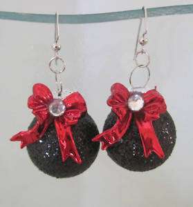 Black Glitter Red Bow Rhinestone Christmas Ball Earring  