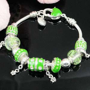   SILVER PLATED GREEN MURANO GLASS BEADS EUROPE BRACELET XMAS GIFT